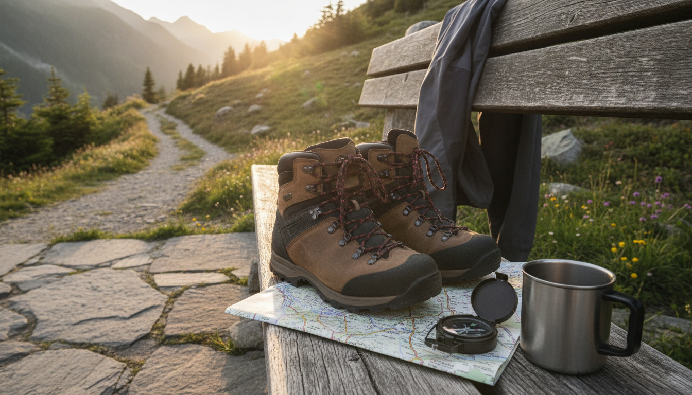 Chaussures mid brunes portées sur un sentier rocailleux en sous-bois