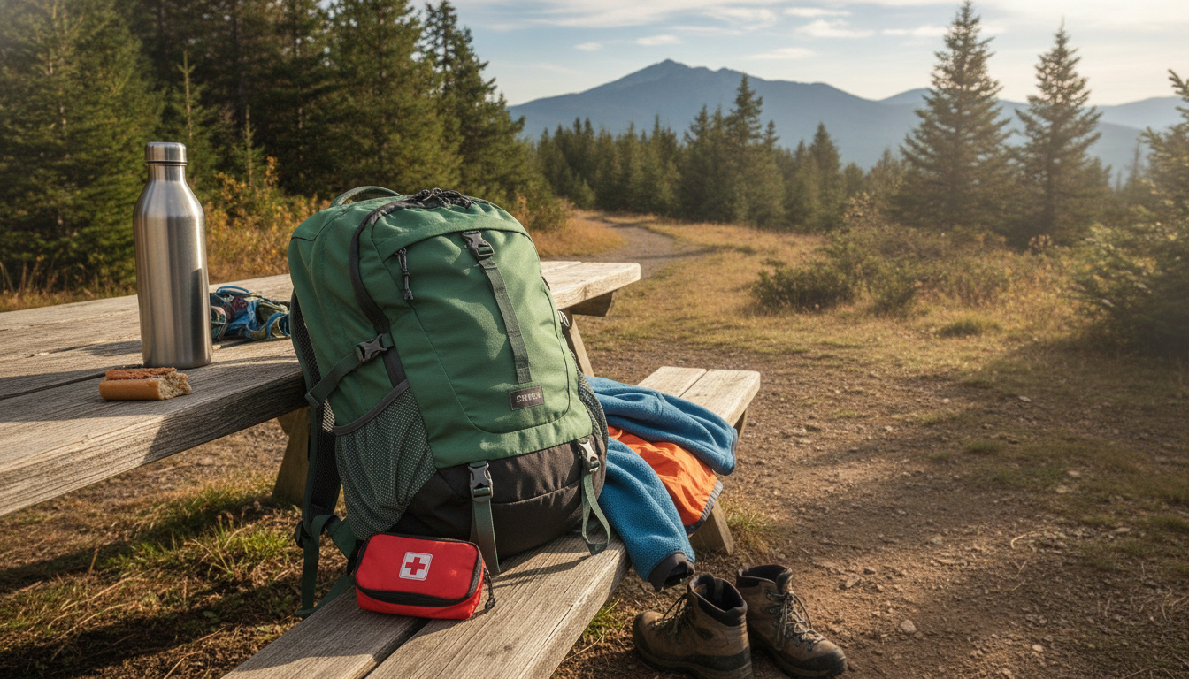 Randonneuse portant un sac compact vert olive sur un sentier forestier