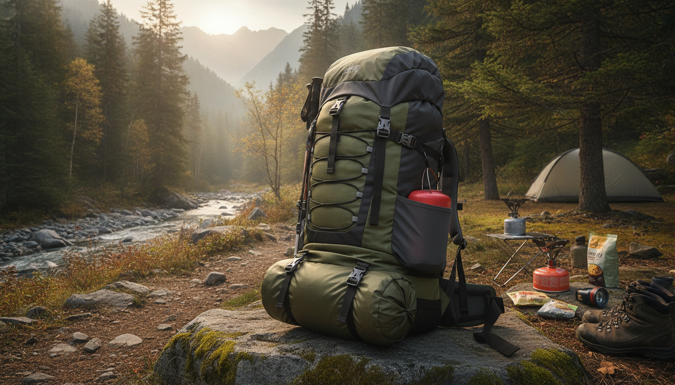 Sac 70L vert forêt présenté avec tente roulée et accessoires cuivrés
