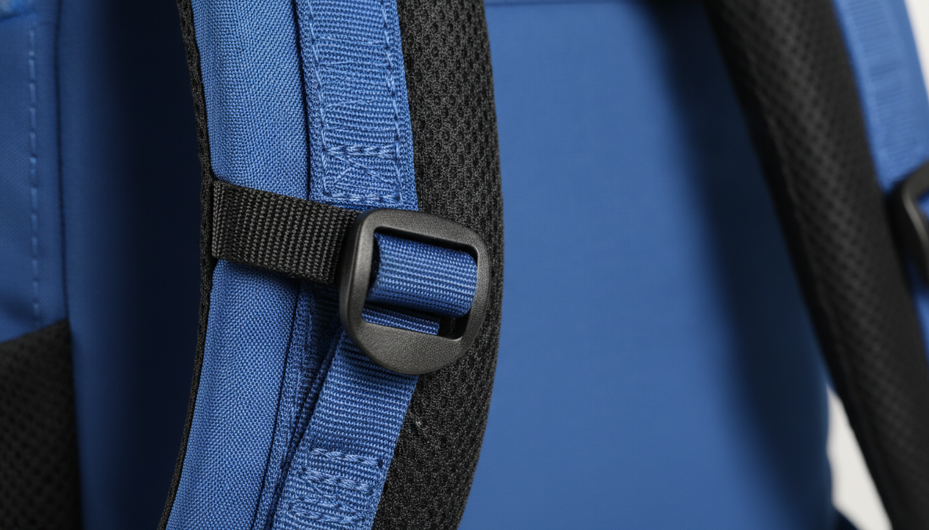 Gros plan sur bretelles matelassées ergonomiques, sangle pectorale réglable et tissu ripstop renforcé.