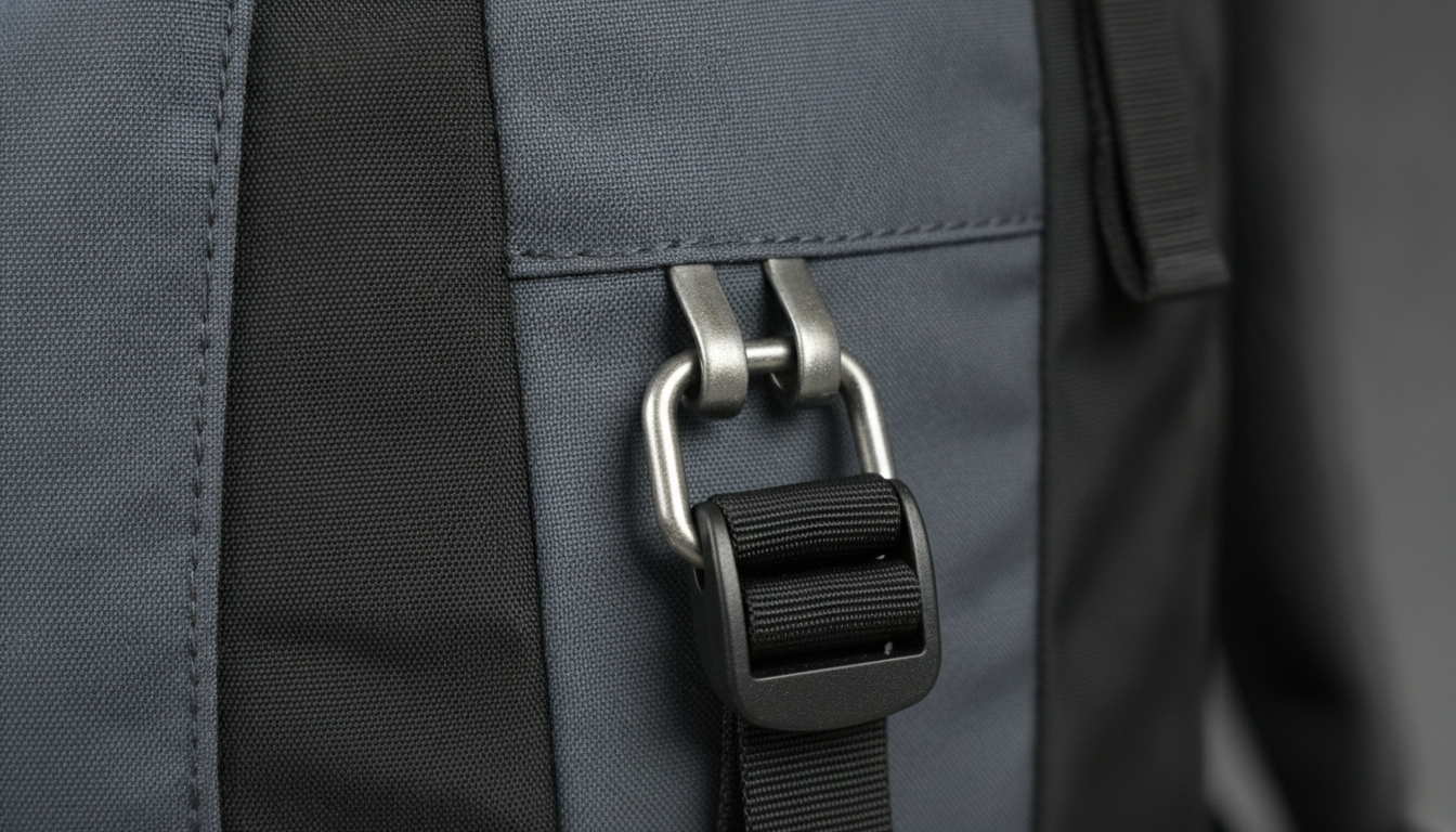 Gros plan sur tissu ripstop, boucles renforcées et sangle pectorale réglable