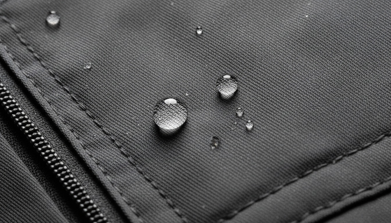 Gouttes d'eau perlant sur tissu stretch zippé, ventilation latérale ouverte.