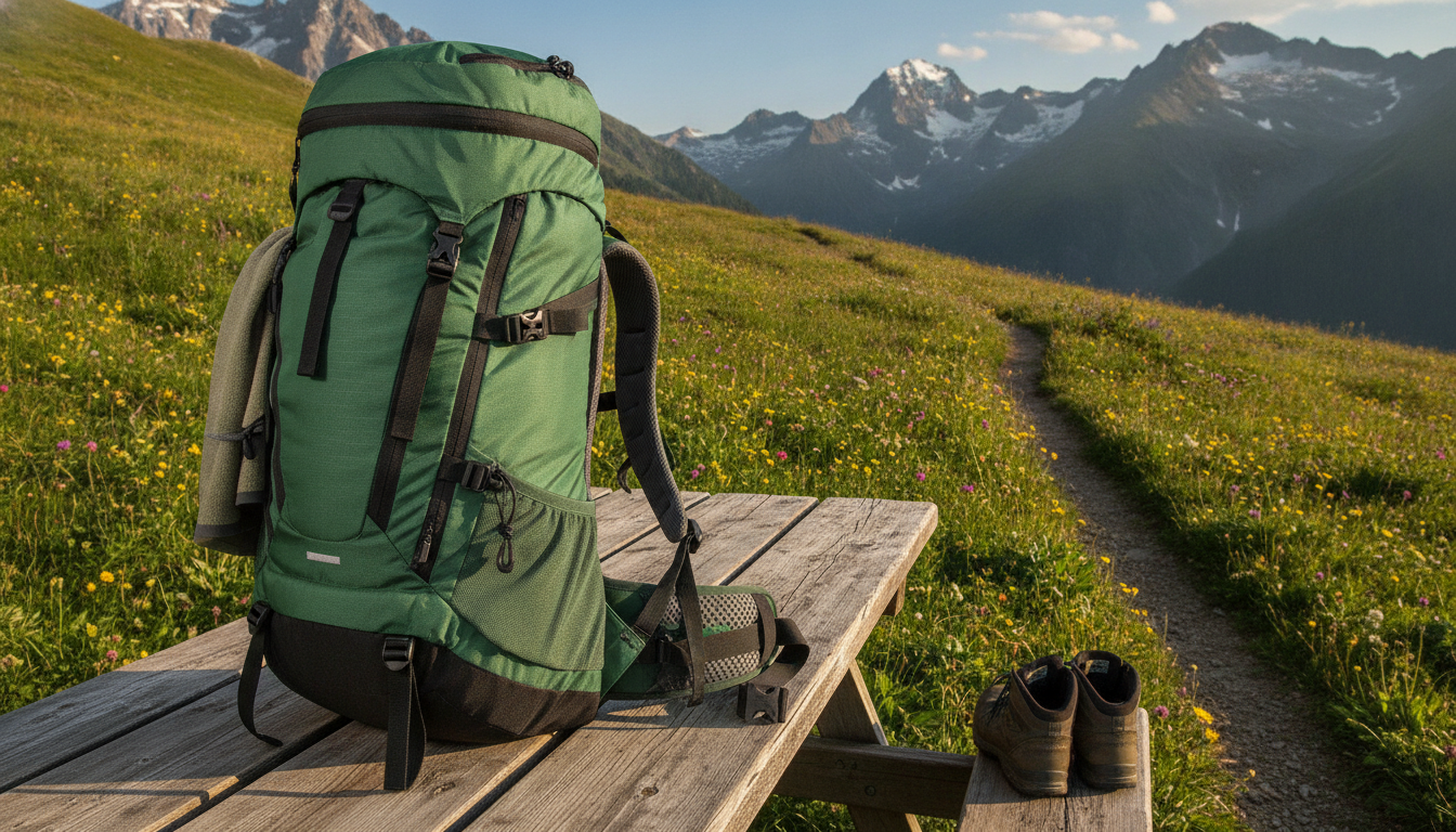 Sac 35L vert forêt posé sur bois clair, entouré d’accessoires soigneusement disposés