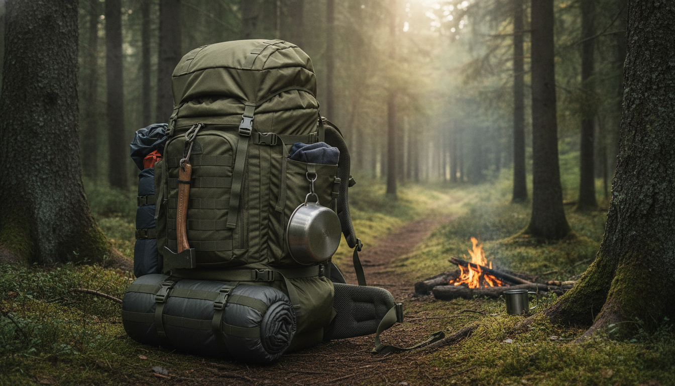 Sac 80L kaki dressé parmi cartes, gourde métallique et branches sèches