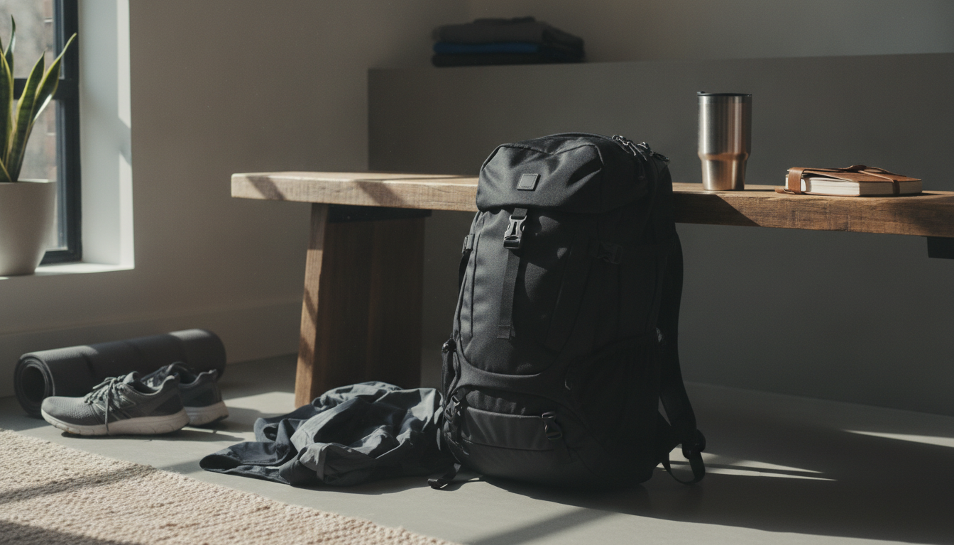 Sac à dos noir intégré dans un environnement quotidien moderne et accueillant