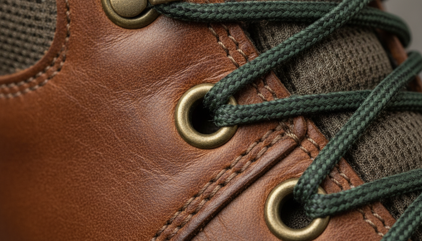 Gros plan sur cuir grainé, crochets métalliques et semelle crantée noire