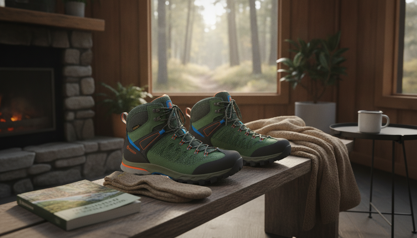 Chaussures vegan kaki portées sur un sentier forestier humide et rocailleux
