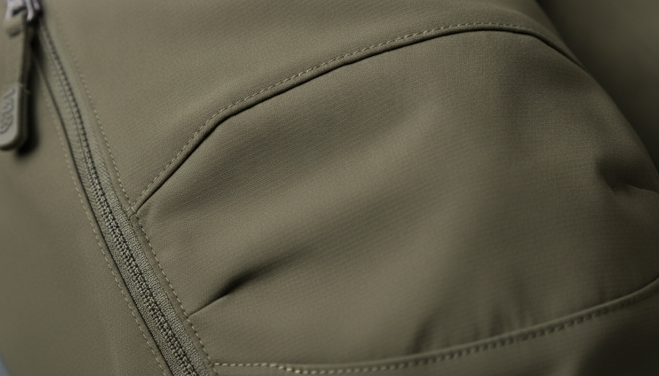 Gros plan sur poche zippée, tissu ripstop olive et coutures renforcées