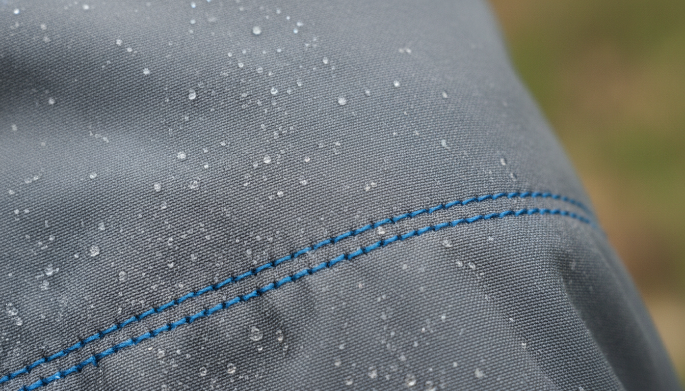 Gros plan sur tissu softshell anthracite, coutures renforcées et poche zippée