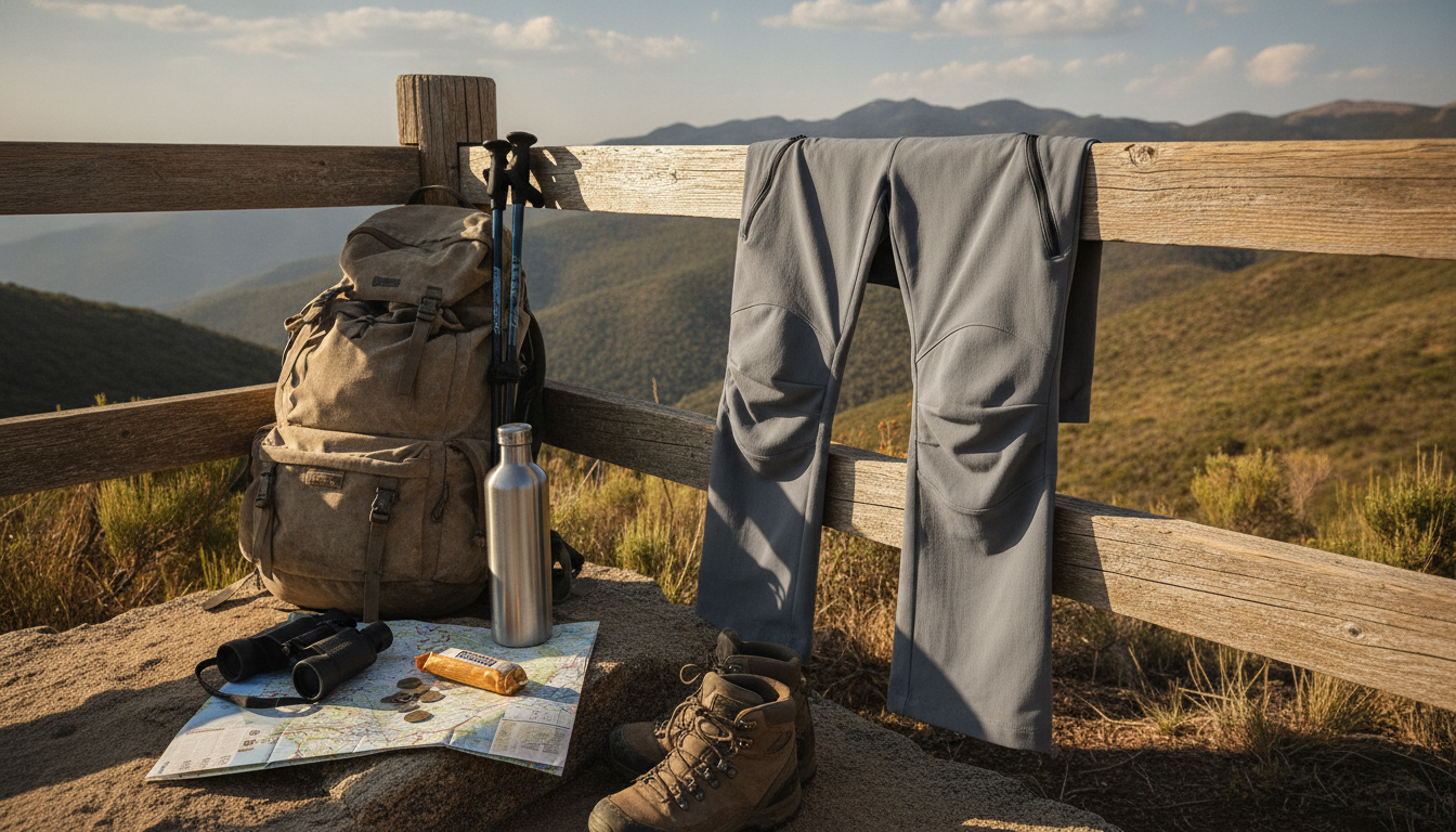 Pantalon convertible kaki porté sur un sentier rocheux ensoleillé