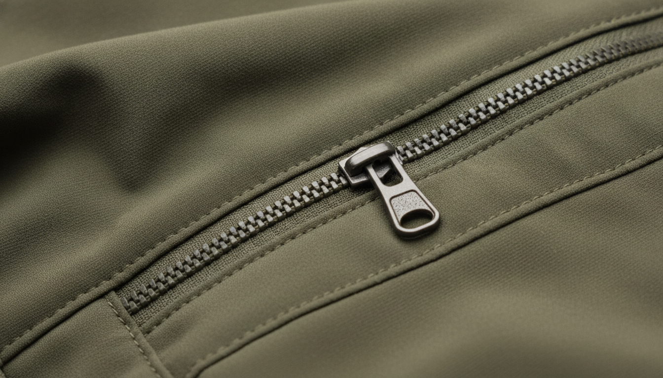 Gros plan sur zip noir, tissu ripstop texturé et couture renforcée