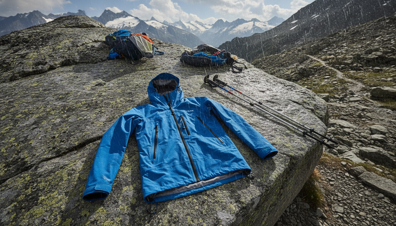 veste imperméable randonnée mis en valeur dans une ambiance décorative raffinée et harmonieuse