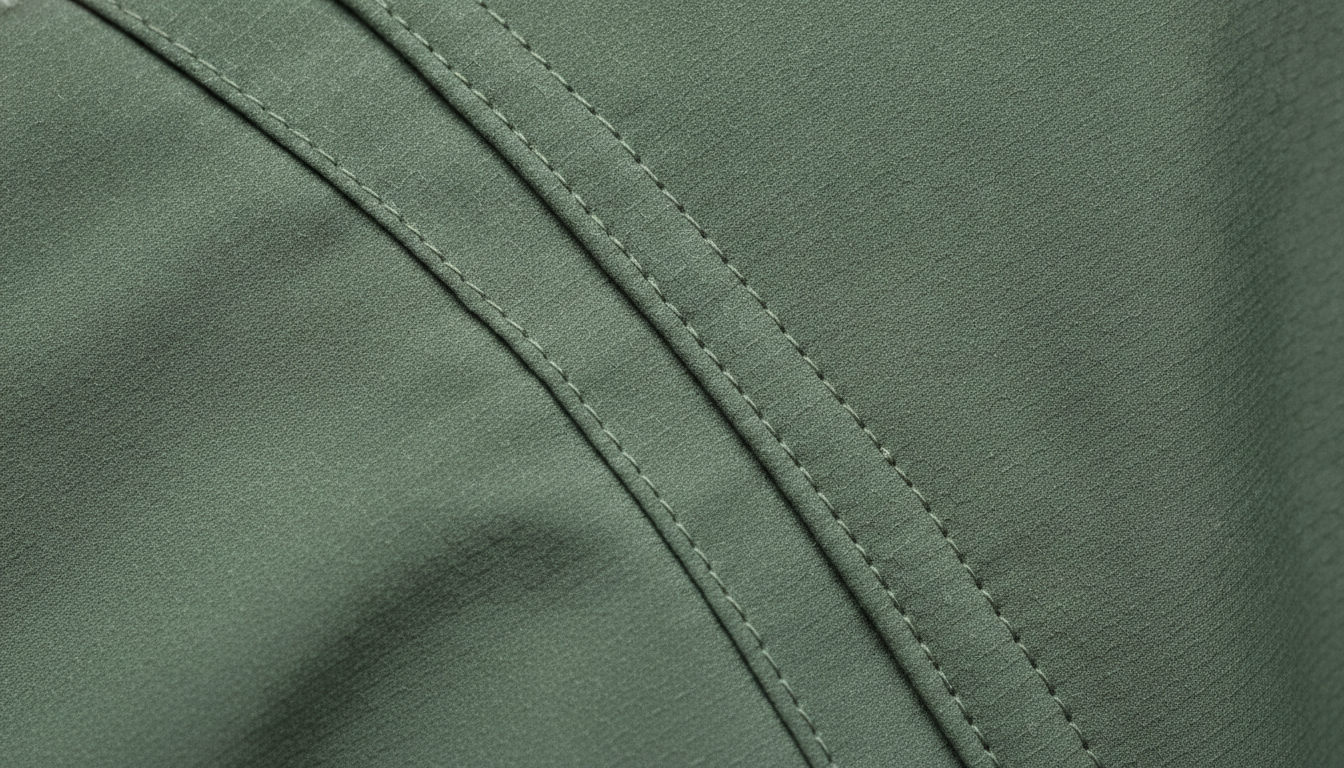Gros plan sur tissu ripstop bleu, zip étanche et coutures renforcées
