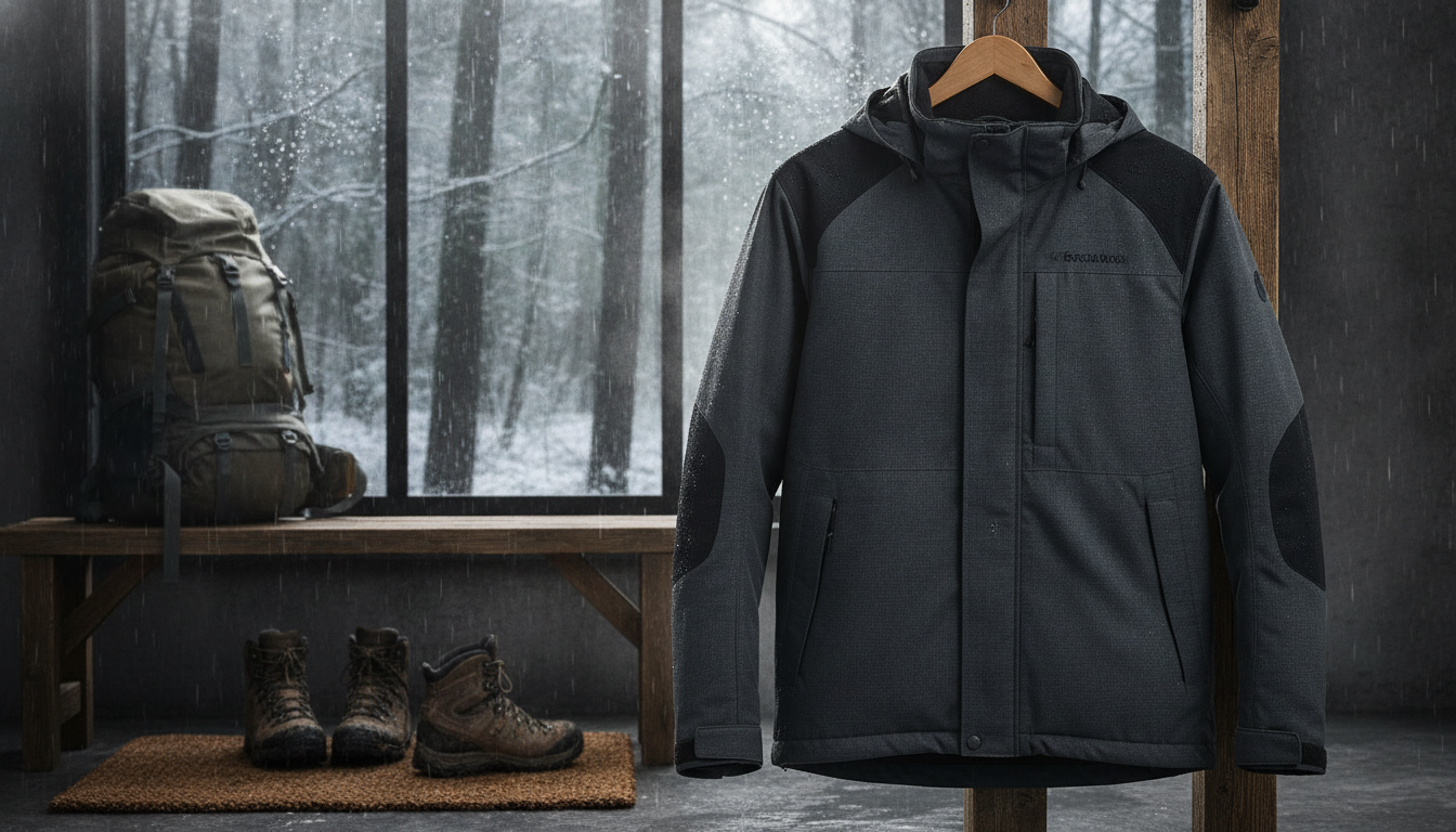 veste chaude imperméable homme mis en valeur dans une ambiance décorative raffinée et harmonieuse