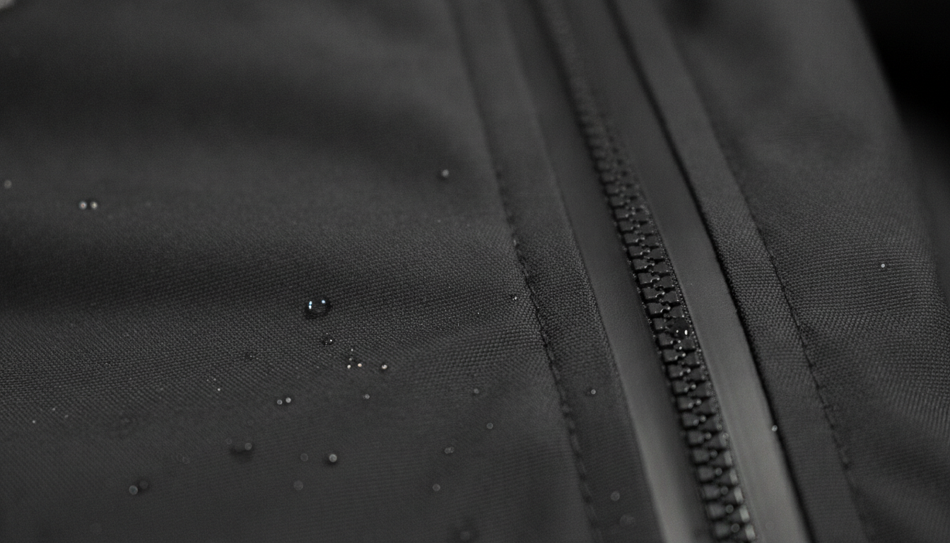 Vue détaillée du veste imperméable noire présentant ses caractéristiques distinctives