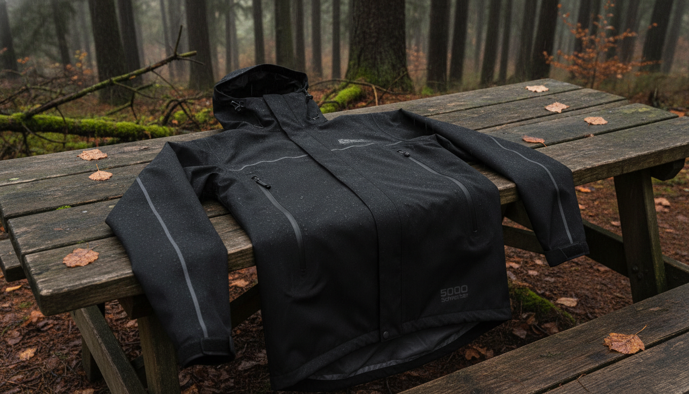 veste imperméable noire mis en valeur dans une ambiance décorative raffinée et harmonieuse
