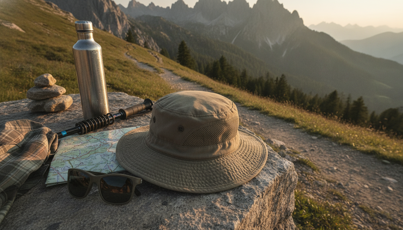Randonneur coiffé du bob beige, bord 360° abaissé face au soleil alpin