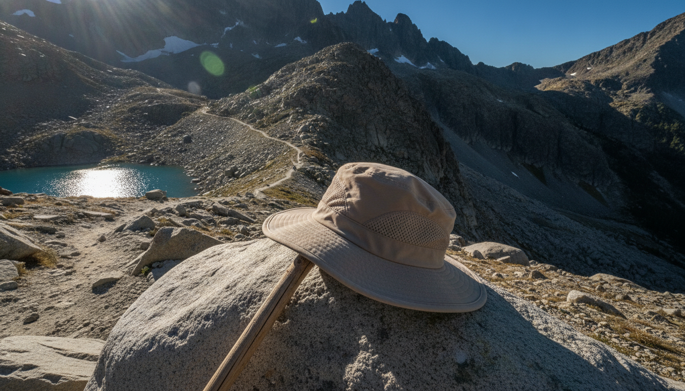 Chapeau kaki posé sur un rocher, gourde et carte topographique en arrière-plan