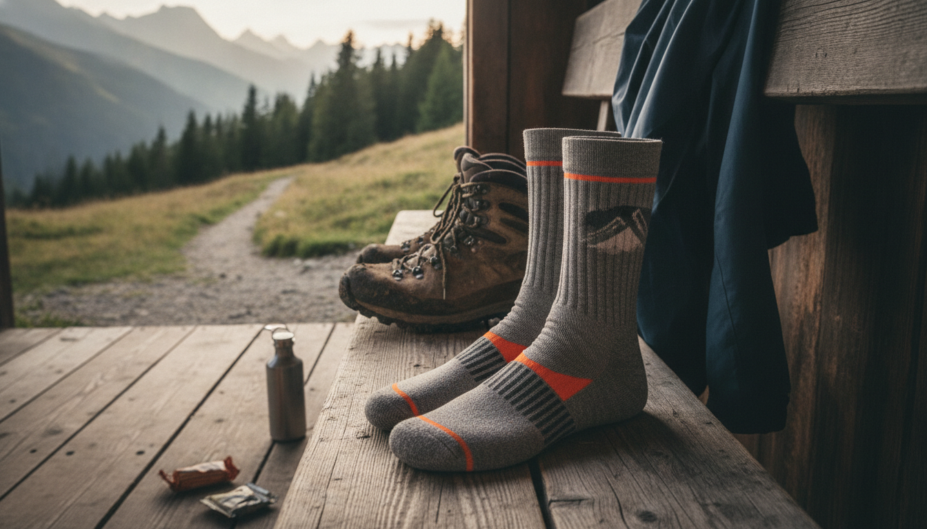 Randonneur en montée sur sentier rocailleux, chaussettes compression grises couvrant les mollets