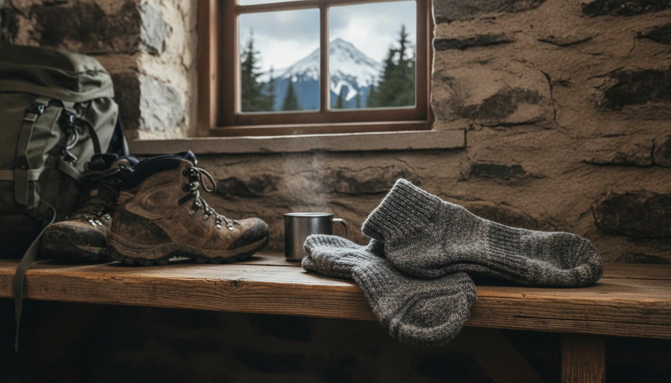 Paire de chaussettes roulée près de bottes de trek et pommes de pin sur bois brut