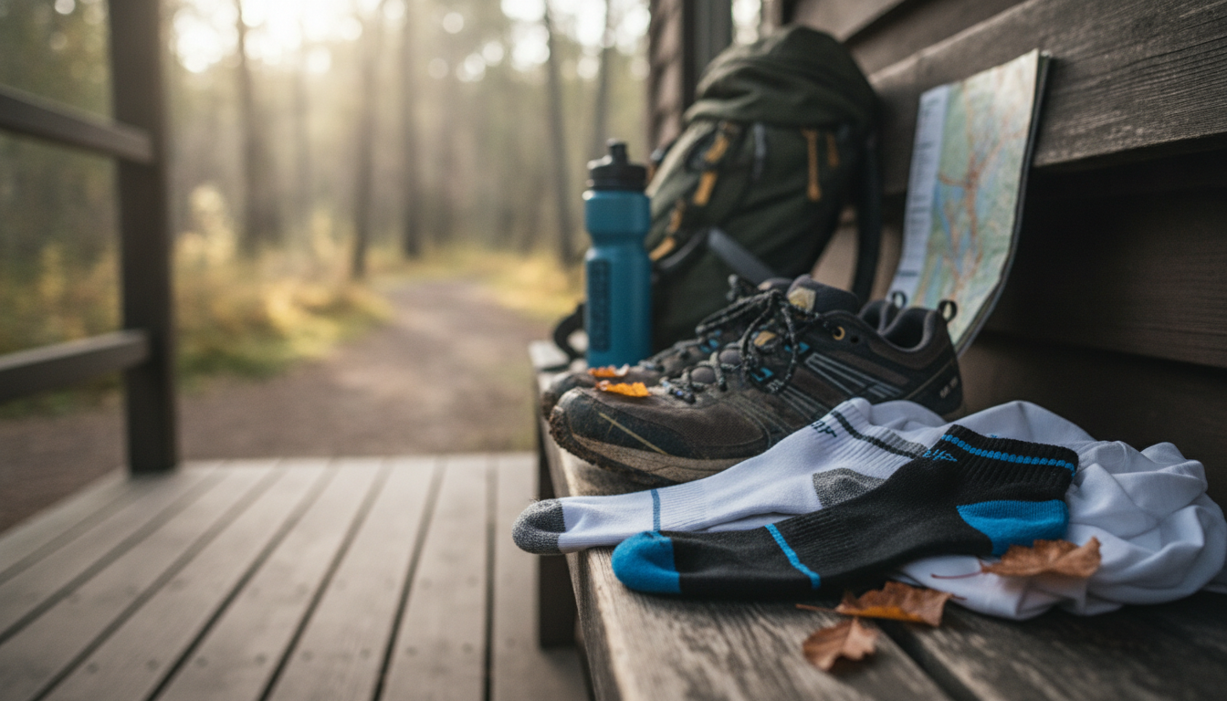 Randonneur enfilant sa chaussette anti-ampoule beige avant l'ascension, chaussures de trail posées à côté