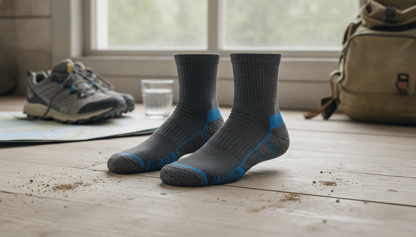 Paire de chaussettes mérinos gris chiné roulée sur bois clair, brins de lavande séchée