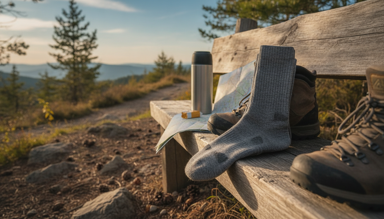 Randonneur laçant ses chaussures mérinos grises au petit matin sur sentier rocailleux