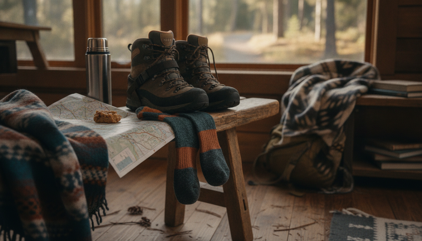 Marcheuse laçant ses chaussures au petit matin, chaussettes mérinos grises épousant un talon fin