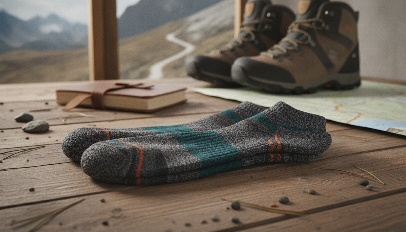 Chaussettes roulées sur bois flotté, brins de lavande et galets près d'une fenêtre lumineuse