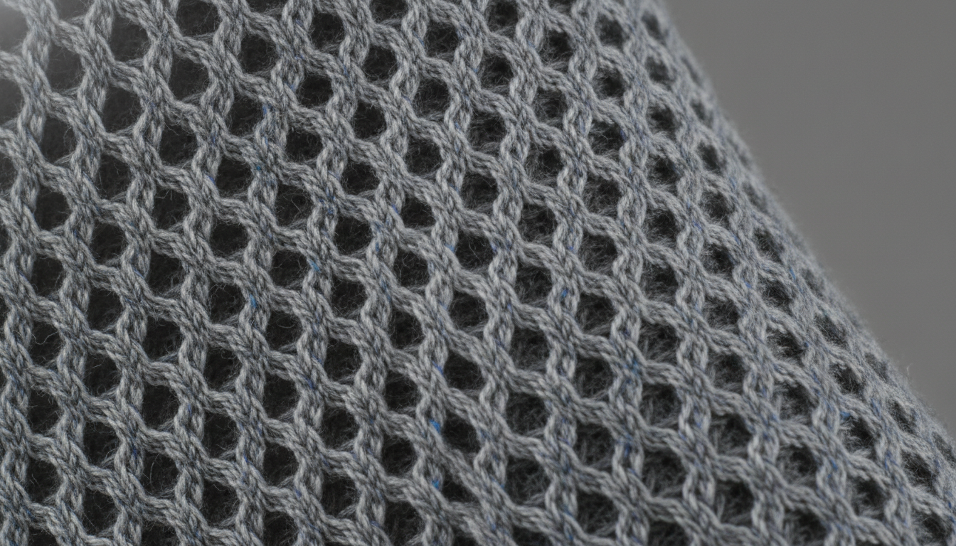 Maille fine gris clair, mailles aérées visibles, texture respirante ultra-légère en gros plan.