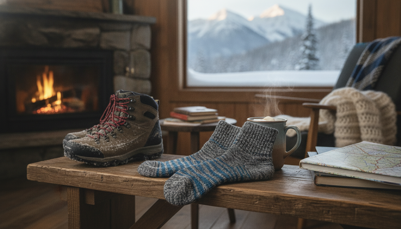 Randonneur en raquettes sur sentier enneigé, chaussettes mérinos montantes visibles sous la neige poudreuse.