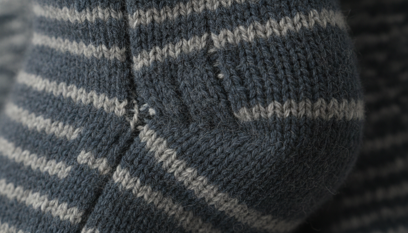 Gros plan sur la maille mérinos torsadée gris chiné, bouclettes épaisses renforçant talon et pointe.