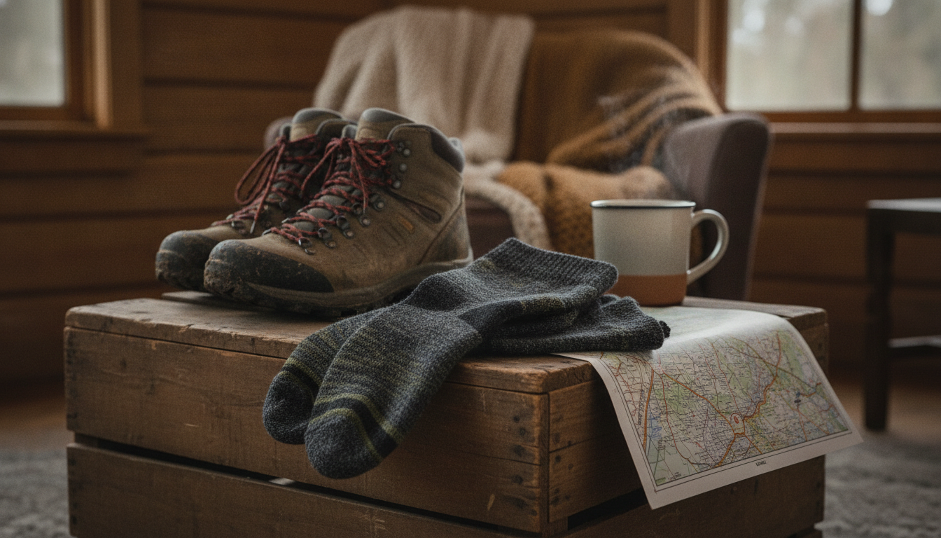 Chaussette épaisse portée dans une botte de sécurité en cuir, atelier en arrière-plan.