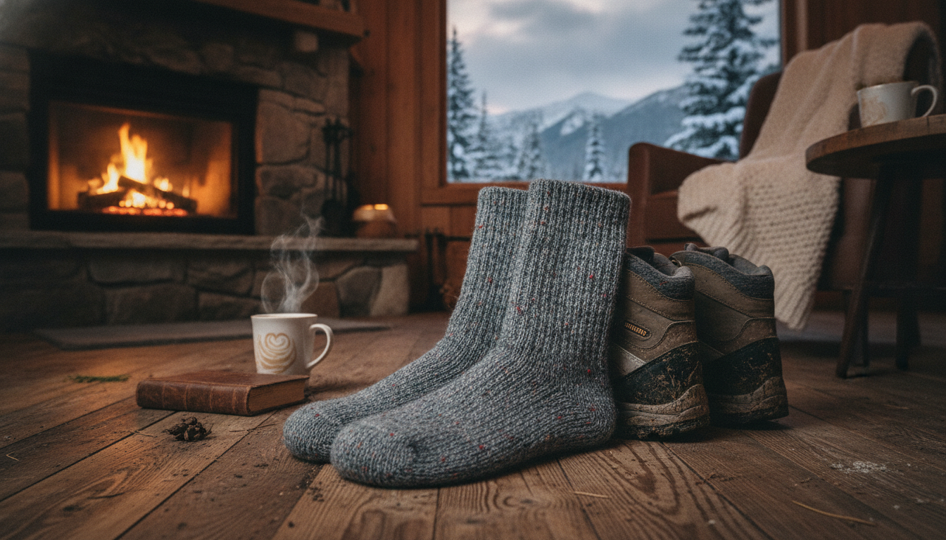 Randonneur enfilant ses chaussettes mérinos grises devant un chalet enneigé au lever du jour