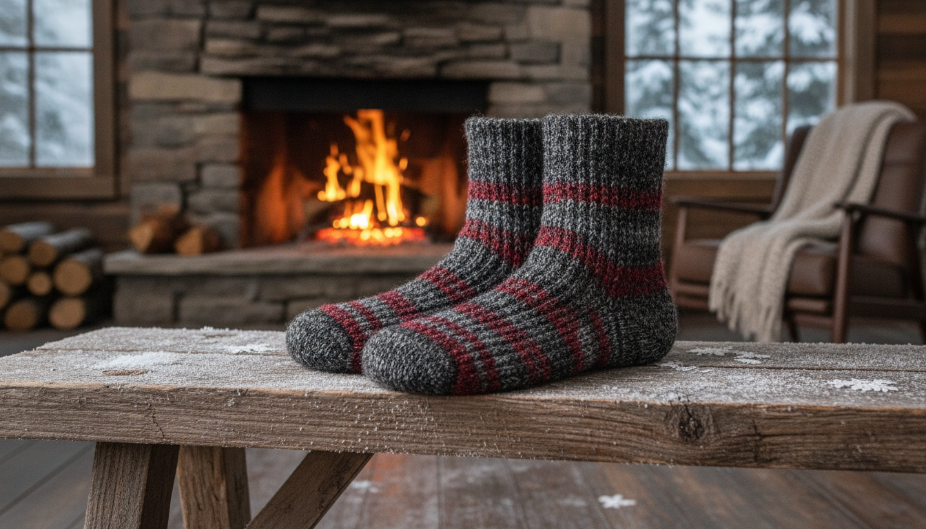 Chaussettes anthracite roulées sur bois brut, pomme de pin et branchages givrés