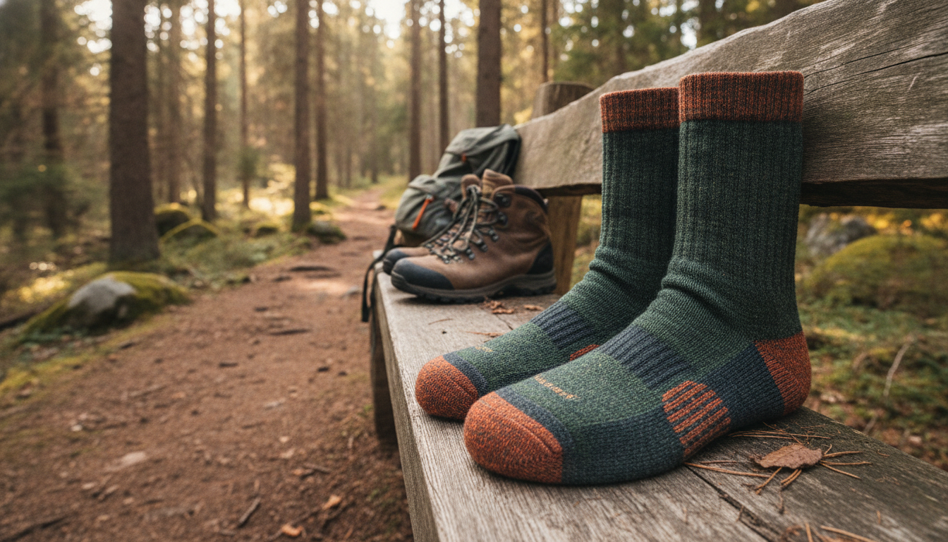 Chaussettes mérinos roulées sur bois brut, brin de bruyère et pomme de pin en décor montagnard