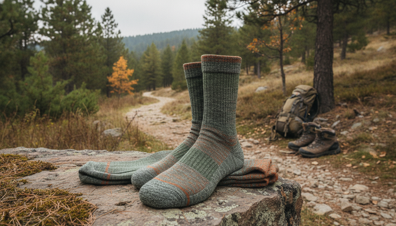 Paire de chaussettes roulée sur galets, à côté d'une branche de pin et boussole