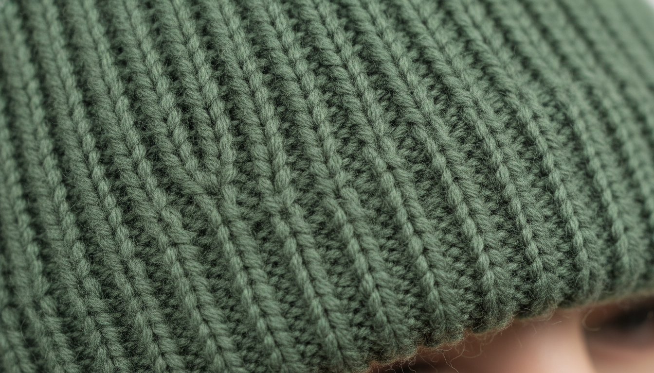 Gros plan sur la maille côtelée en laine mérinos, tricot serré aux reflets chinés.
