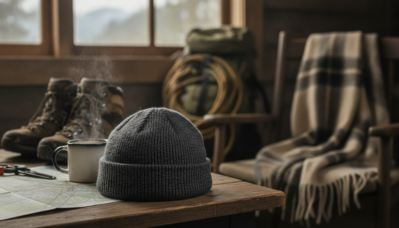 Randonneur en crête ventée, bonnet mérinos gris anthracite couvrant oreilles et front