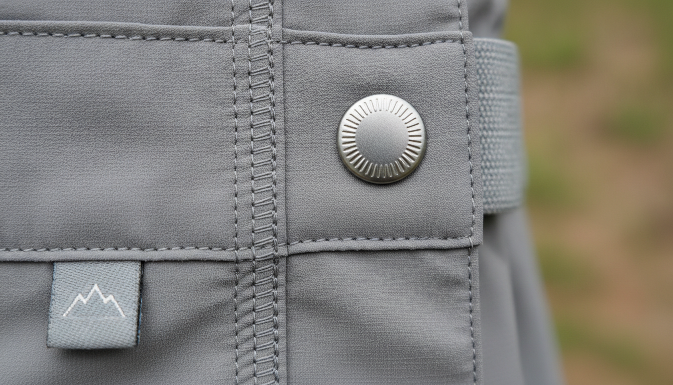 Gros plan tissu extensible gris chiné, coutures plates et poche latérale zippée