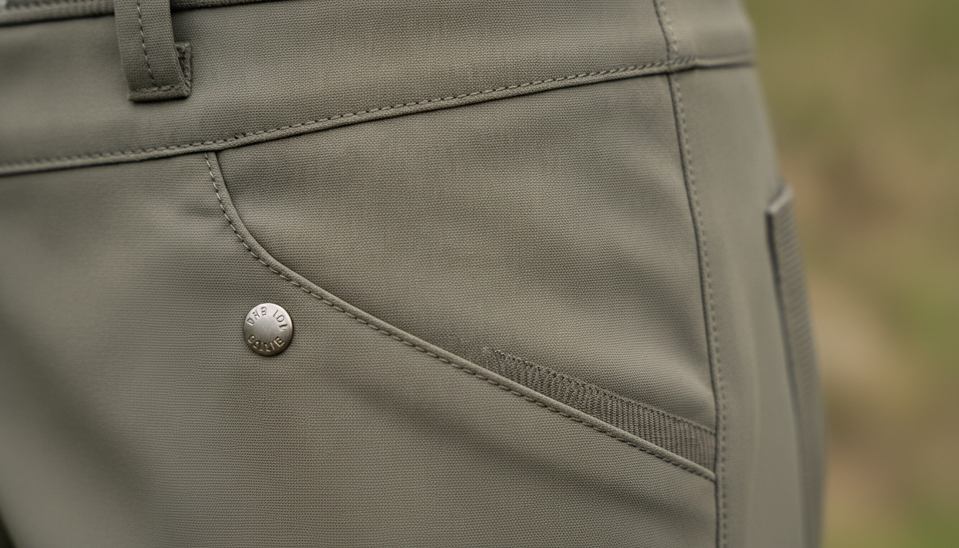 Gros plan tissu stretch déperlant, coutures plates renforcées et poche zippée latérale beige.