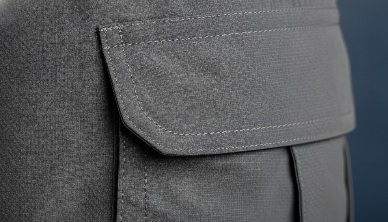 Gros plan sur tissu ripstop déperlant, coutures renforcées et poche zippée latérale
