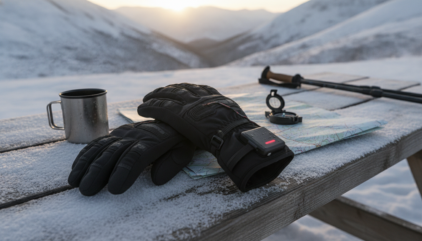 Randonneur en pause carte sur sentier enneigé, gants noirs chauffants aux doigts.