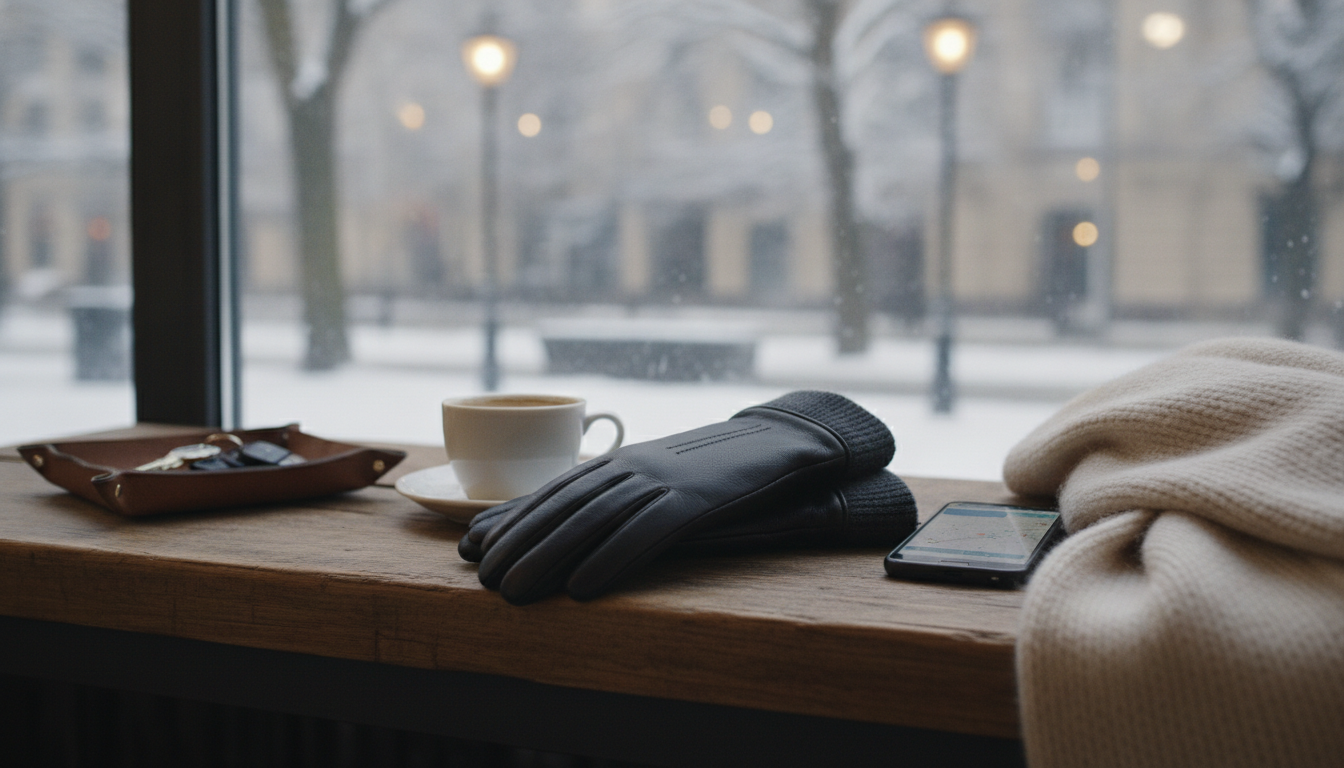 Mains fines glissées dans des gants cuir souple, poignets ajustés contre le vent hivernal