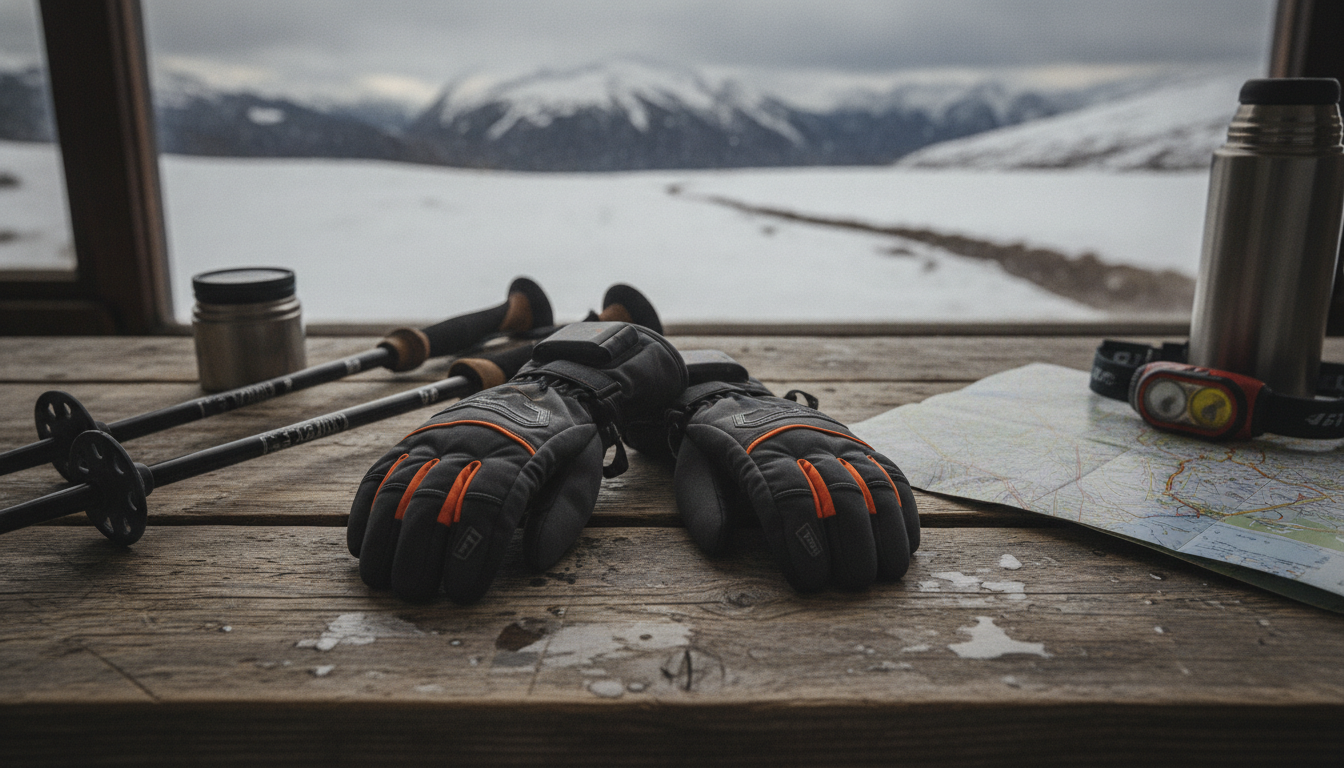 Gants posés près d'un thermos fumant, batterie visible sur bois givré.