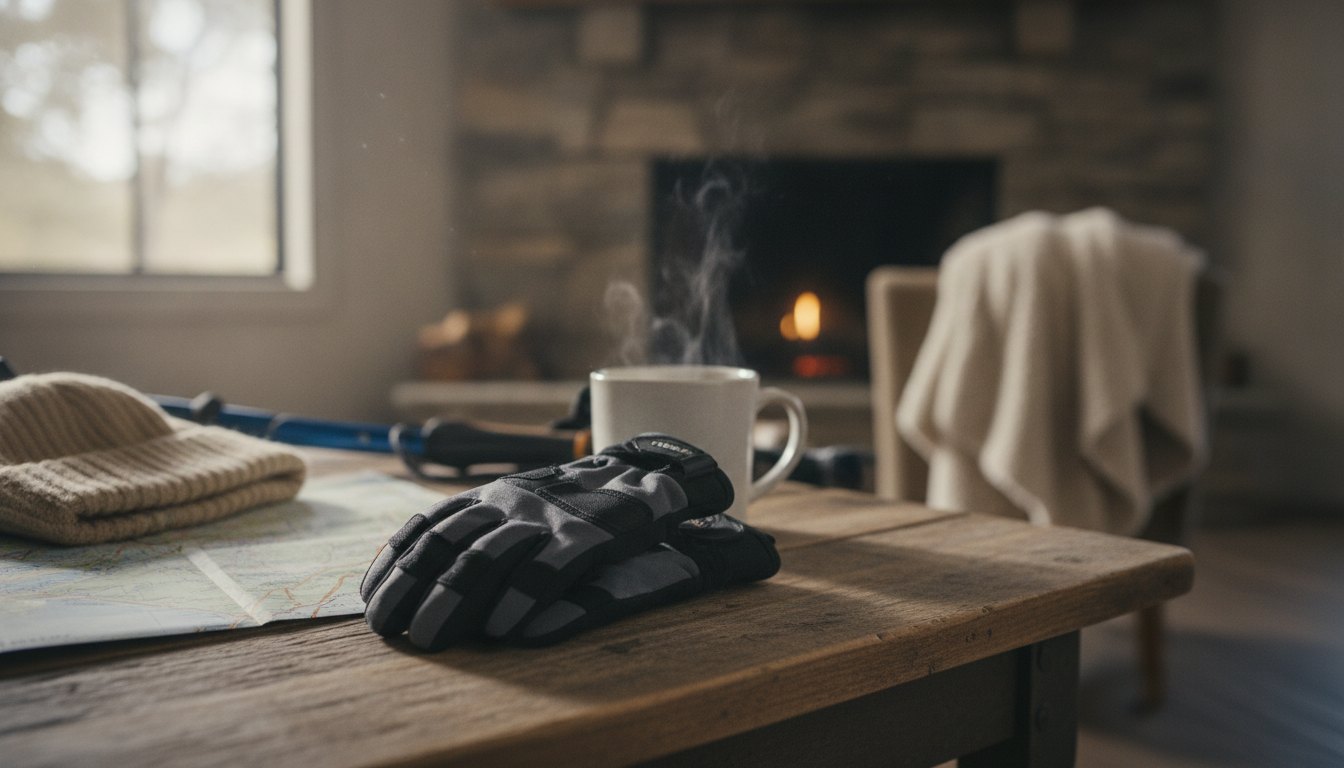 Randonneuse ajustant ses bâtons en forêt, gants softshell noirs épousant des mains fines
