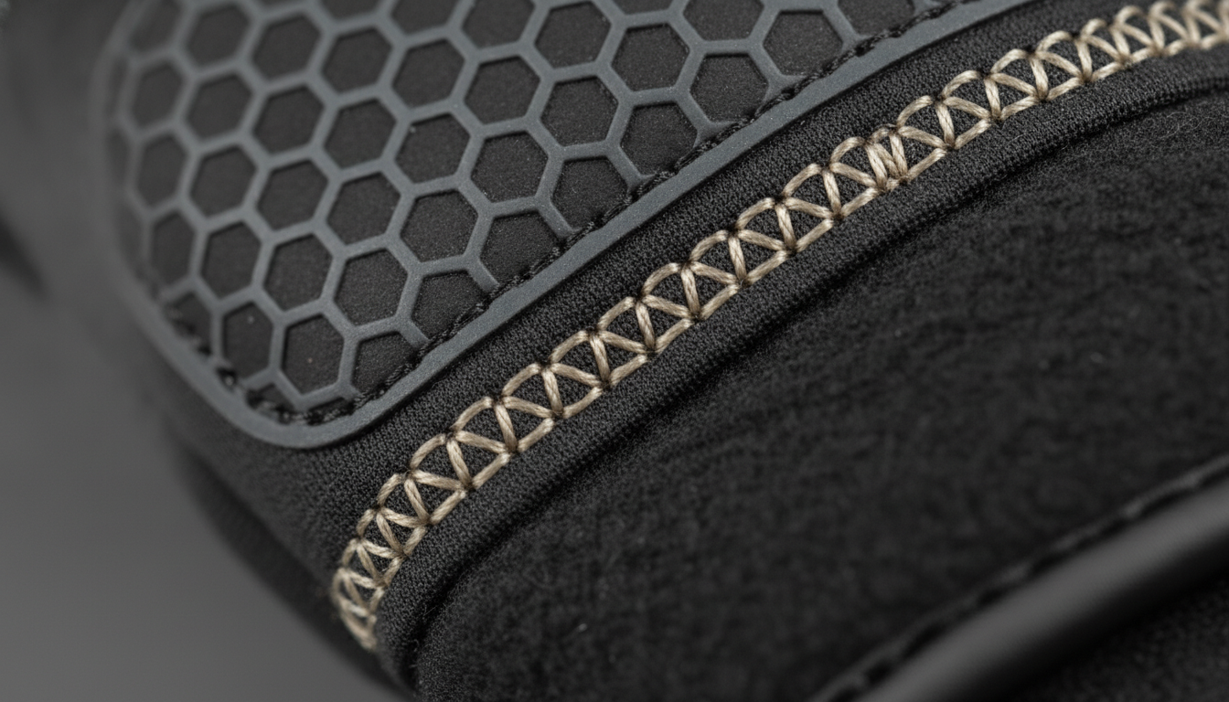 Gros plan sur la paume renforcée, membrane imperméable et index tactile gris anthracite
