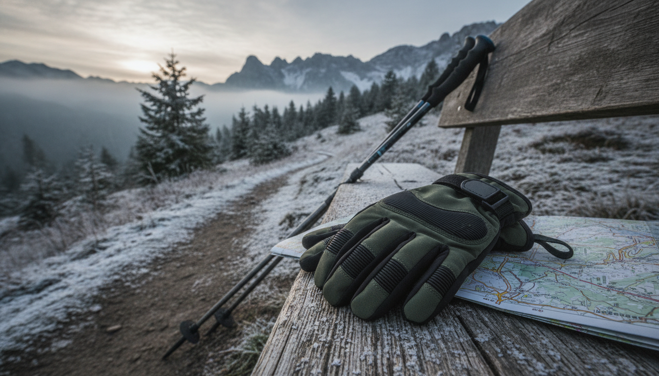 Paire de gants posée sur rondin de bois, bonnet et thermos à proximité