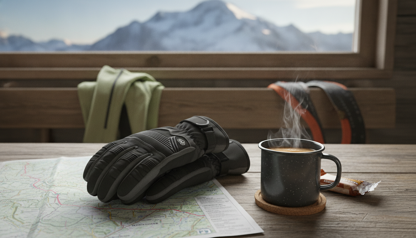 Skieur en montée peau de phoque, gants softshell gris ajustés manipulant les fixations enneigées