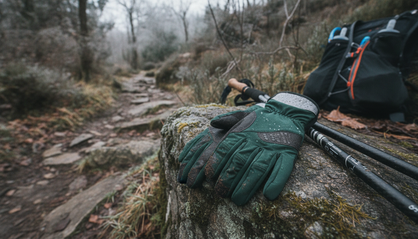Coureur agrippant un rocher humide à l'aube, gants noirs épousant chaque doigt tendu
